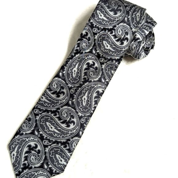 Vintage Men's Handmade Silk X-Long Black and Silver Paisley Print Tie - Picture 1 of 12